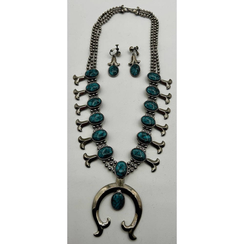 Vintage Goldette Faux Turquoise‎ Squash Blossom Necklace And Earrings Set